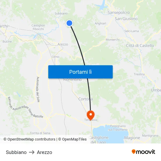 Subbiano to Arezzo map