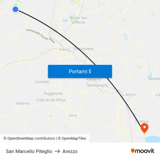 San Marcello Piteglio to Arezzo map