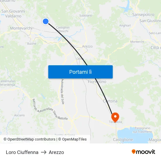 Loro Ciuffenna to Arezzo map