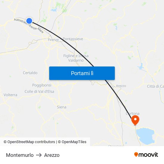 Montemurlo to Arezzo map