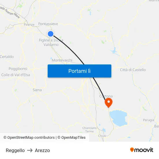 Reggello to Arezzo map