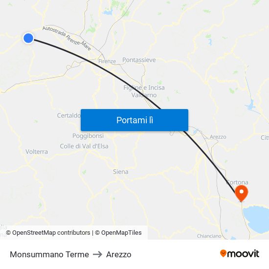 Monsummano Terme to Arezzo map