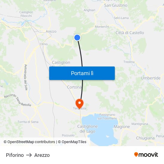 Piforino to Arezzo map