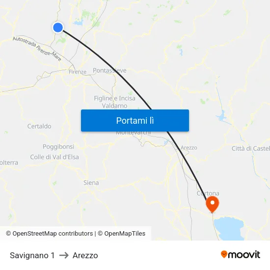Savignano 1 to Arezzo map