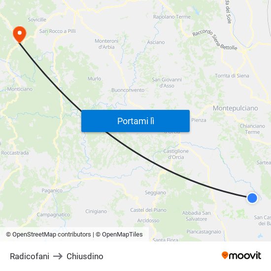 Radicofani to Chiusdino map