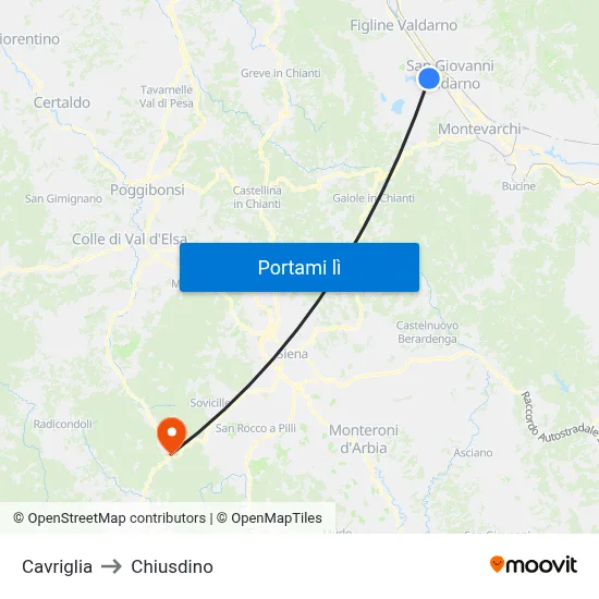 Cavriglia to Chiusdino map