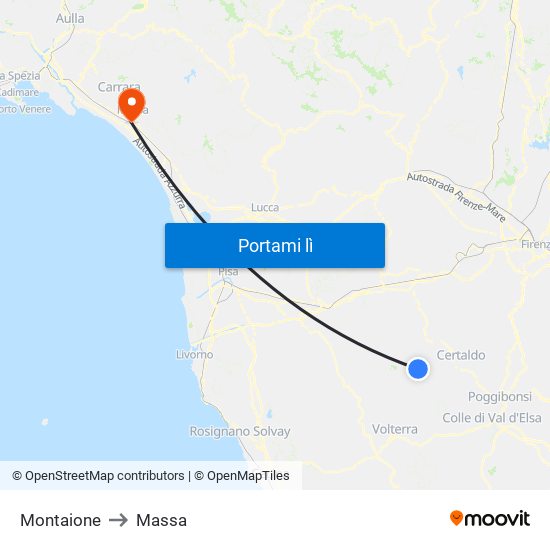 Montaione to Massa map