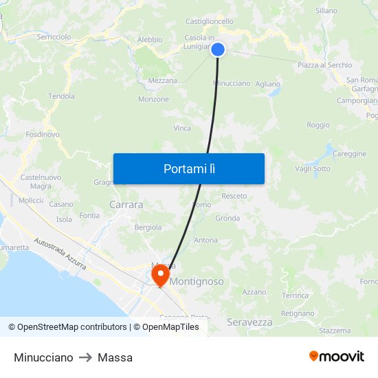 Minucciano to Massa map