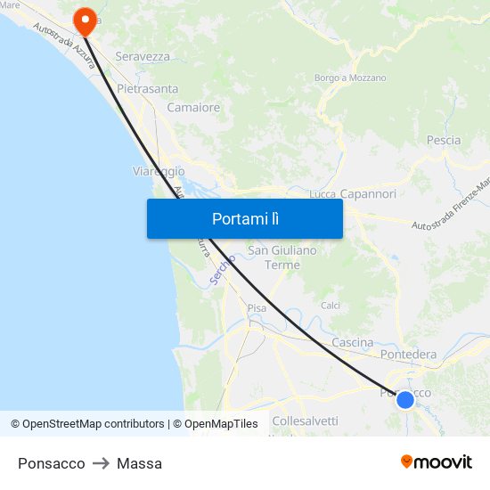 Ponsacco to Massa map