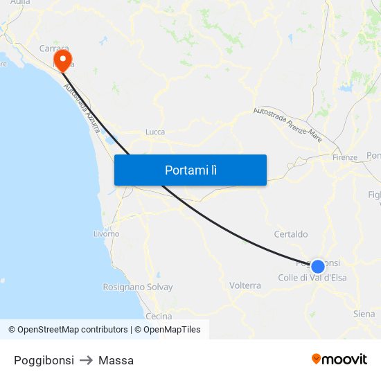Poggibonsi to Massa map