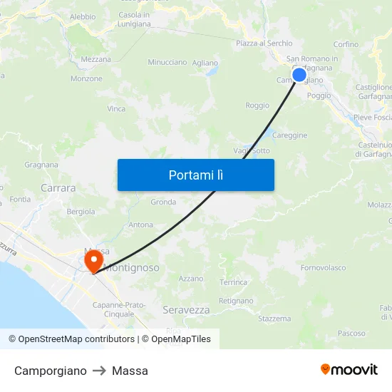 Camporgiano to Massa map