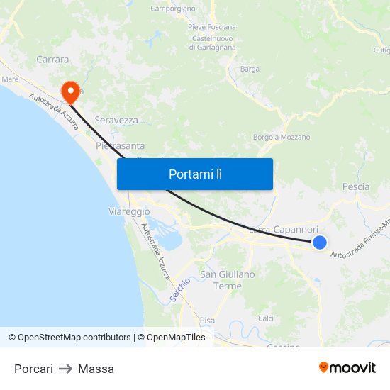 Porcari to Massa map