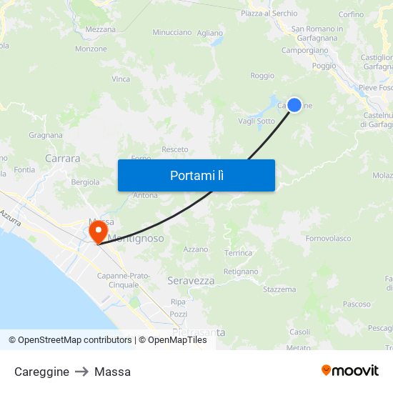 Careggine to Massa map