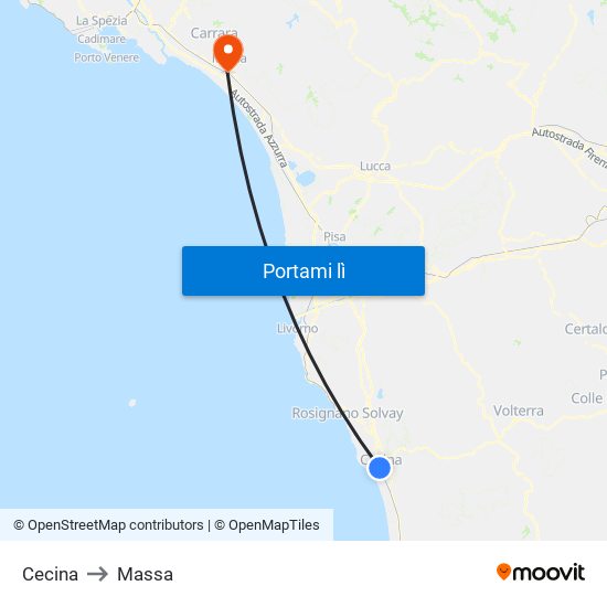 Cecina to Massa map