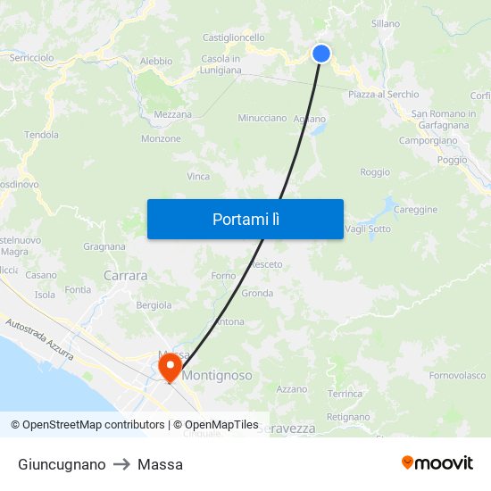 Giuncugnano to Massa map