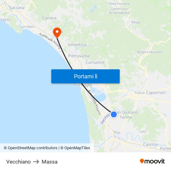 Vecchiano to Massa map