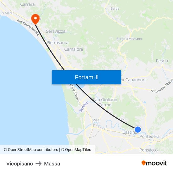 Vicopisano to Massa map
