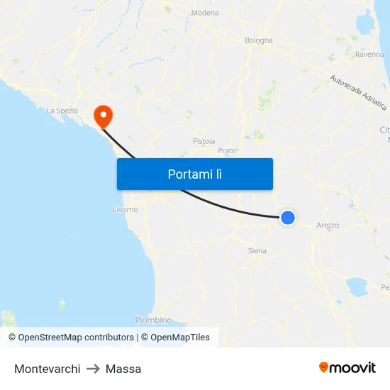 Montevarchi to Massa map