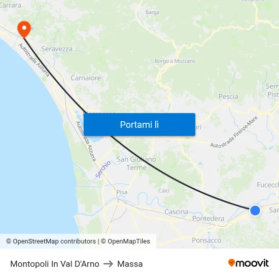 Montopoli In Val D'Arno to Massa map