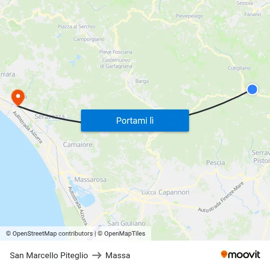 San Marcello Piteglio to Massa map