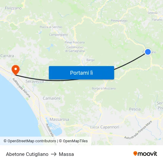 Abetone Cutigliano to Massa map