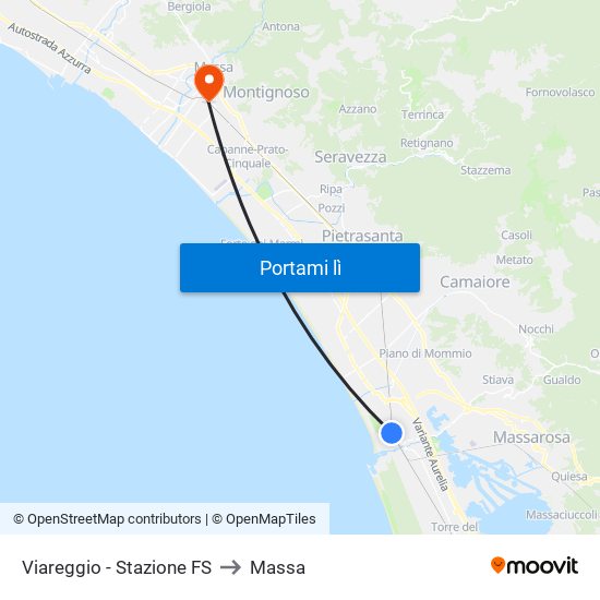 Viareggio Stazione FS to Massa map