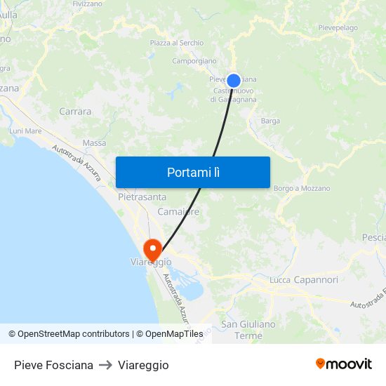 Pieve Fosciana to Viareggio map