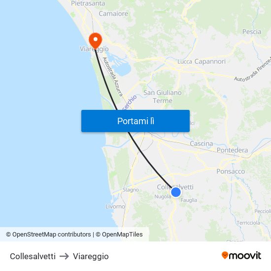 Collesalvetti to Viareggio map