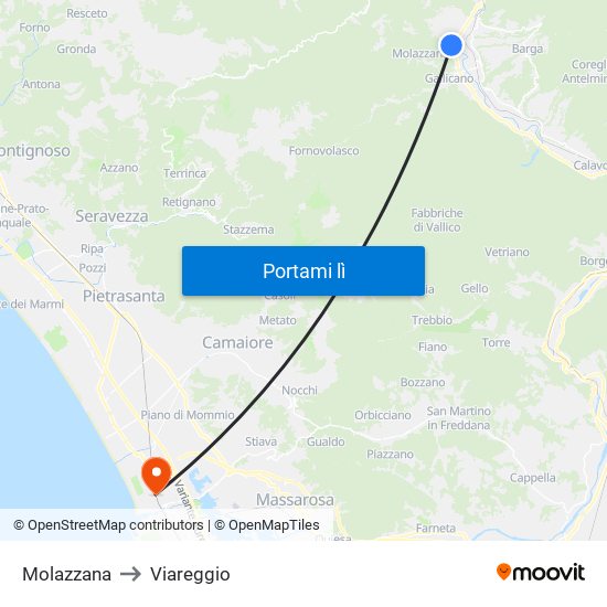 Molazzana to Viareggio map