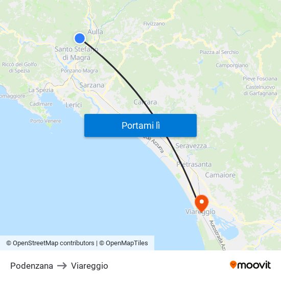 Podenzana to Viareggio map