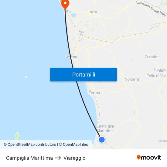 Campiglia Marittima to Viareggio map