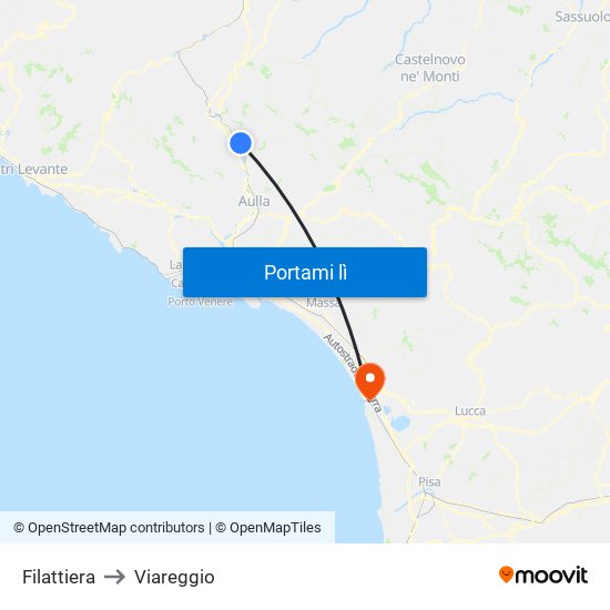 Filattiera to Viareggio map