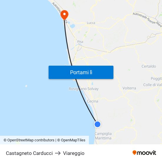 Castagneto Carducci to Viareggio map