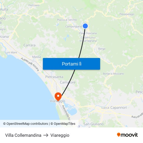 Villa Collemandina to Viareggio map