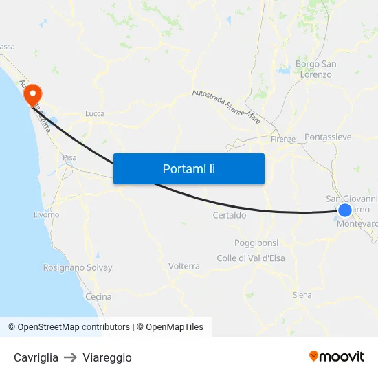 Cavriglia to Viareggio map