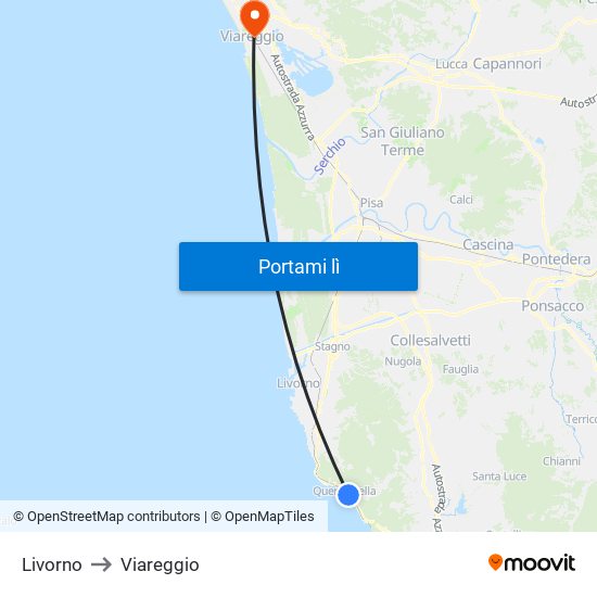 Livorno to Viareggio map