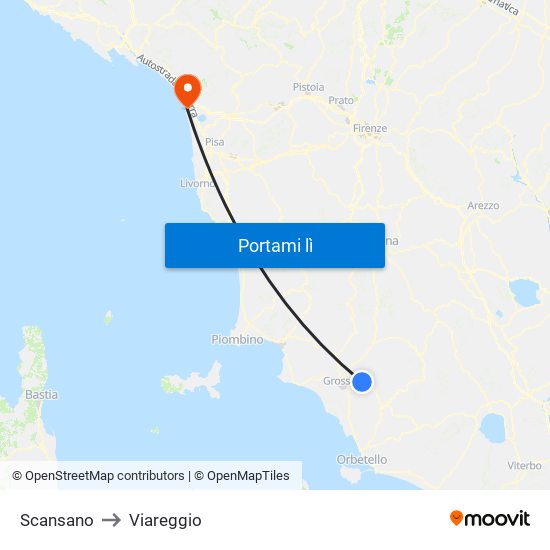 Scansano to Viareggio map