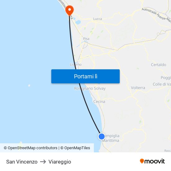 San Vincenzo to Viareggio map