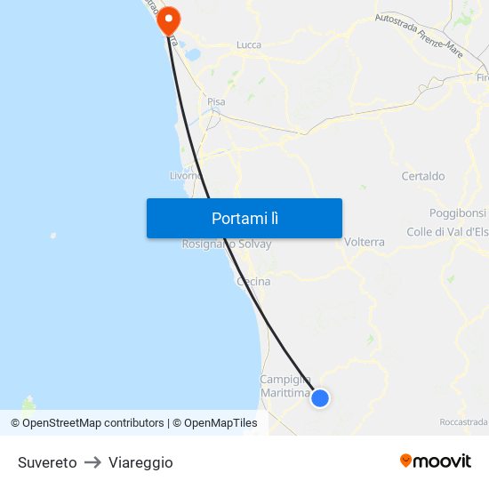 Suvereto to Viareggio map