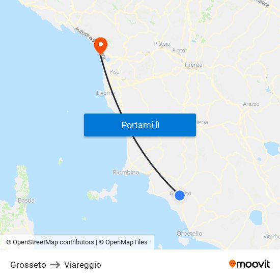 Grosseto to Viareggio map