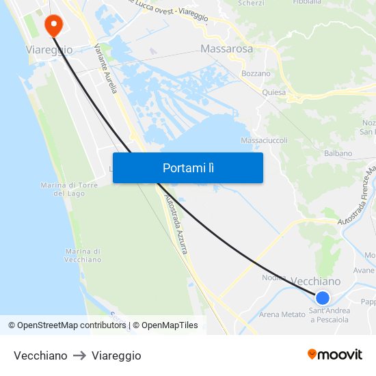 Vecchiano to Viareggio map