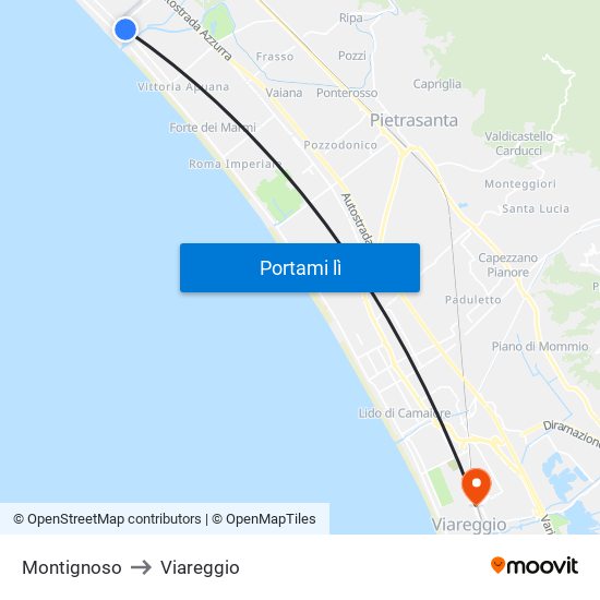 Montignoso to Viareggio map