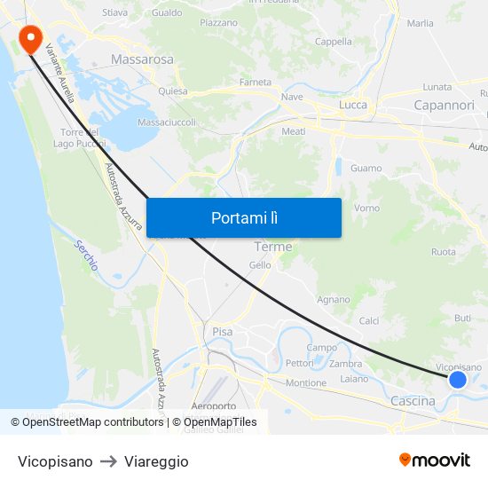 Vicopisano to Viareggio map