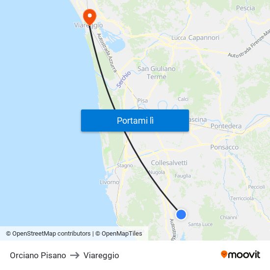 Orciano Pisano to Viareggio map