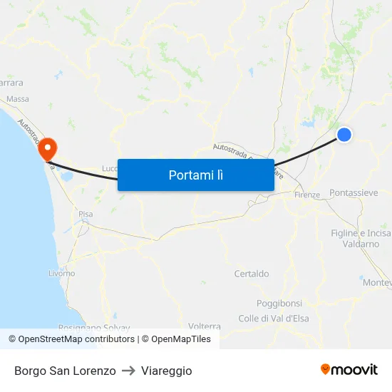 Borgo San Lorenzo to Viareggio map