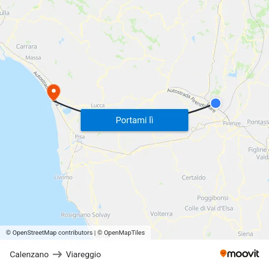 Calenzano to Viareggio map