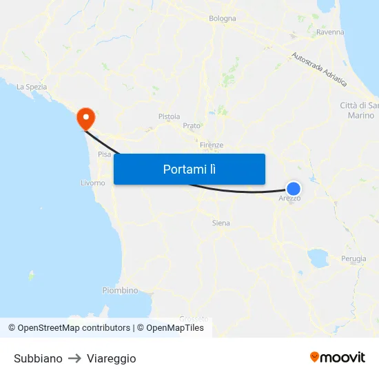 Subbiano to Viareggio map