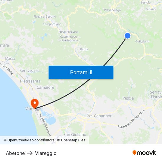 Abetone to Viareggio map