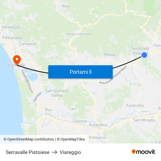 Serravalle Pistoiese to Viareggio map