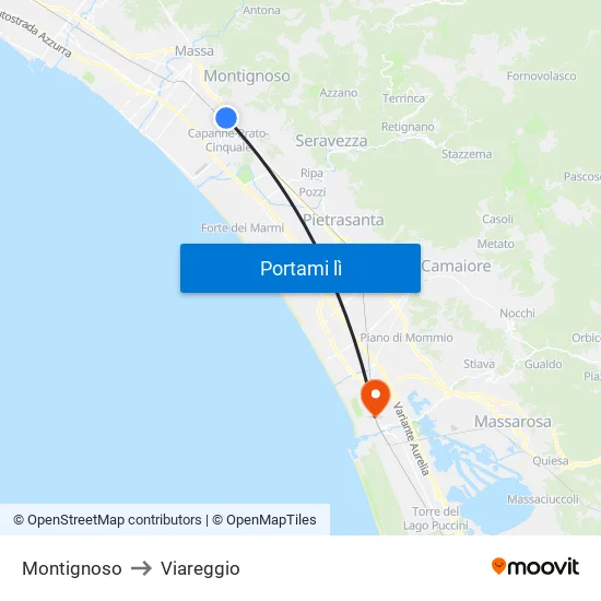 Montignoso to Viareggio map